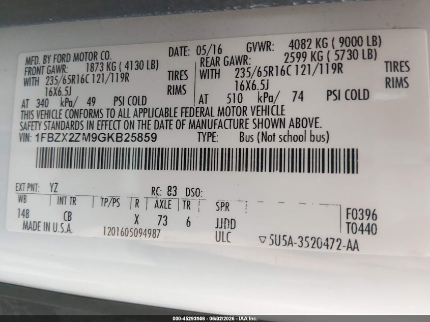2016 Ford Transit VIN 1FBZX2ZM9GKB25859 IAAI salvage auction — NORMAL WEAR, Sf97 (Washington), sold $23,950 on 2026-07-09 (photo 9)