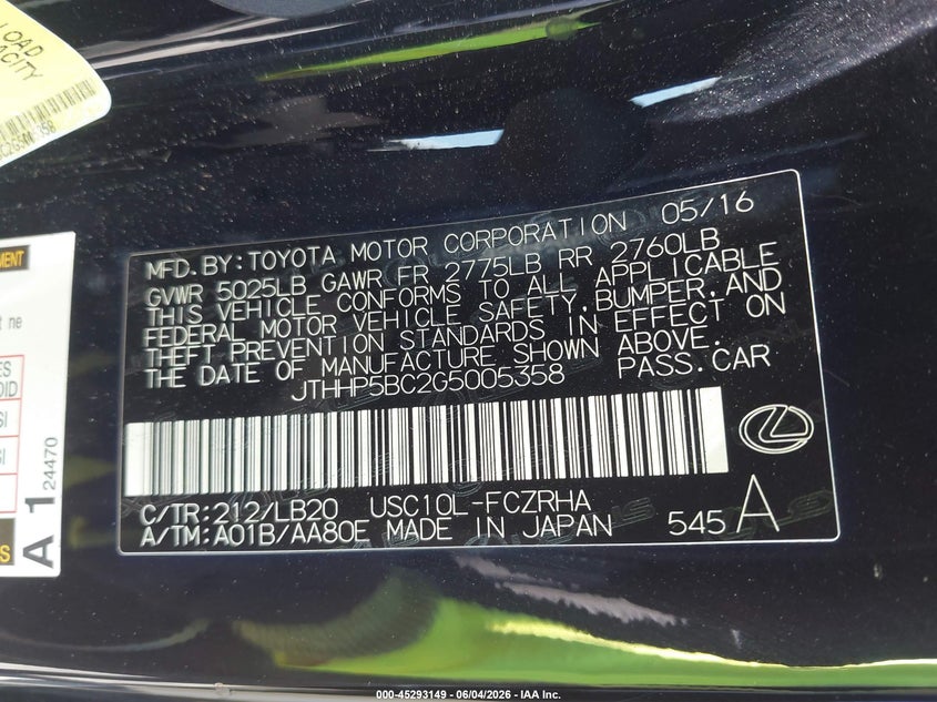 2016 Lexus Rc-f VIN JTHHP5BC2G5005358 IAAI salvage auction — RIGHT SIDE, Salvage (California), sold $11,300 on 2026-08-03 (photo 9)