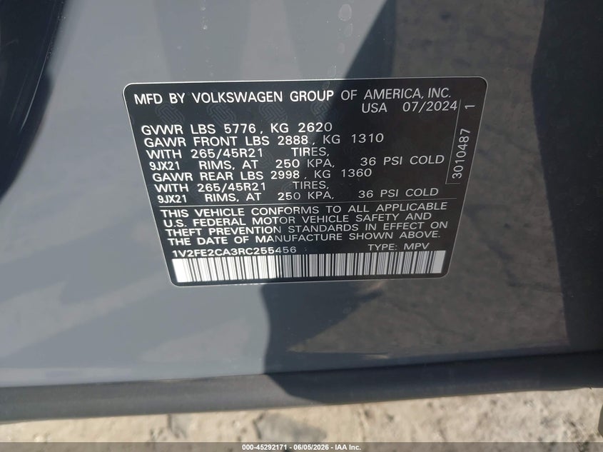 2024 Volkswagen Atlas cross sport VIN 1V2FE2CA3RC255456 IAAI salvage auction — LEFT REAR, Salvage Title, sold $19,200 on 2026-07-24 (photo 9)