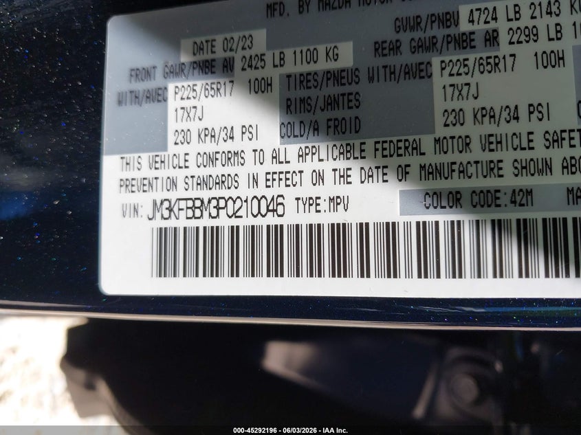 2023 Mazda Cx-5 VIN JM3KFBBM3P0210046 IAAI salvage auction — FRONT END, Salvage Title, sold $4,250 on 2026-07-09 (photo 9)