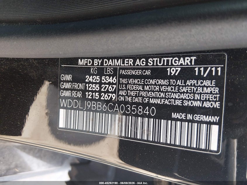 2012 Mercedes-benz Cls-klasse VIN WDDLJ9BB6CA035840 IAAI salvage auction — NORMAL WEAR, Salvage Title, sold $1,925 on 2026-07-13 (photo 9)