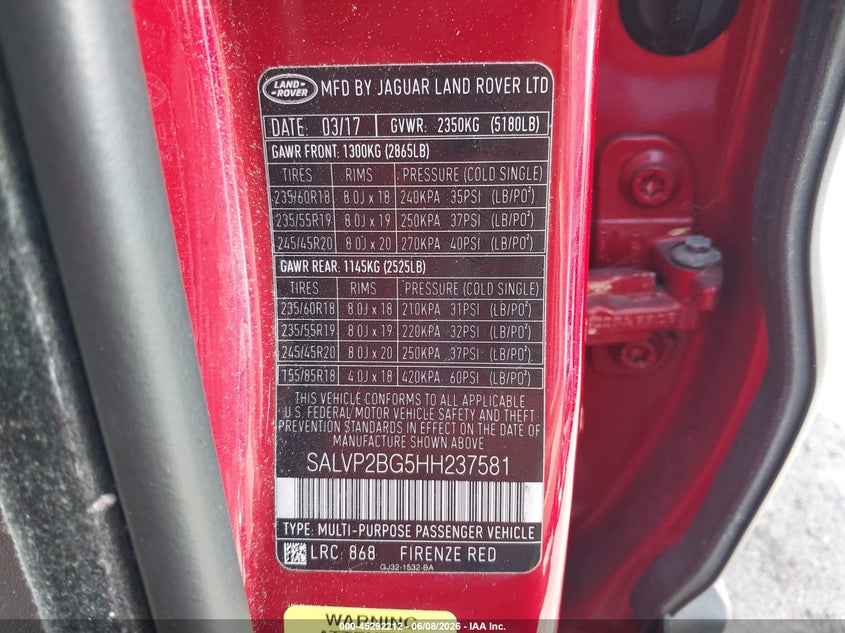 2017 Land rover Range rover evoque VIN SALVP2BG5HH237581 IAAI salvage auction — REAR END, Salvage Title, sold $4,175 on 2026-07-10 (photo 9)