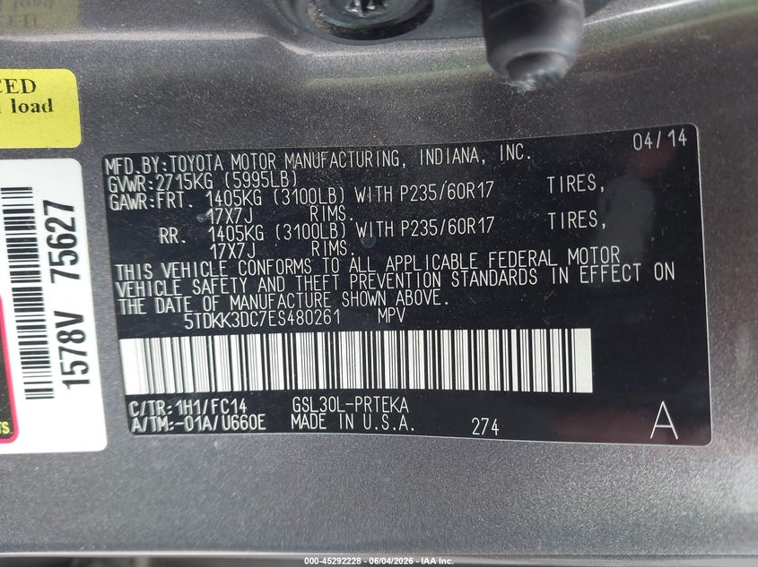 2014 Toyota Sienna VIN 5TDKK3DC7ES480261 IAAI salvage auction — FRONT END, Original (Texas), sold $825 on 2026-07-22 (photo 9)