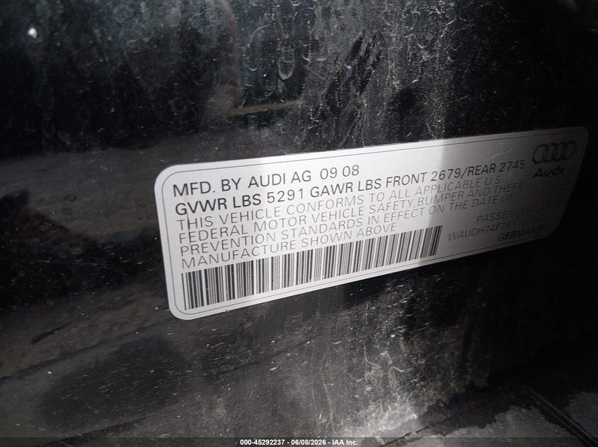 2008 Audi A6 VIN WAUDH74F78N182065 IAAI salvage auction — FRONT & REAR, Salvage (Kansas), sold $550 on 2026-07-08 (photo 9)