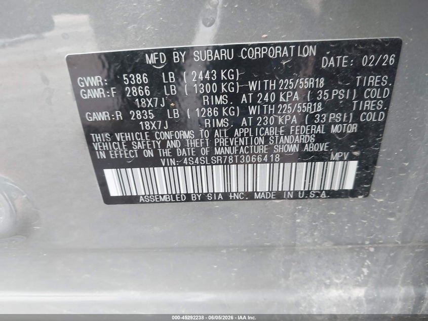 2026 Subaru Forester VIN 4S4SLSR78T3066418 IAAI salvage auction — REAR END, Salvage Title, sold $10,400 on 2026-07-22 (photo 9)