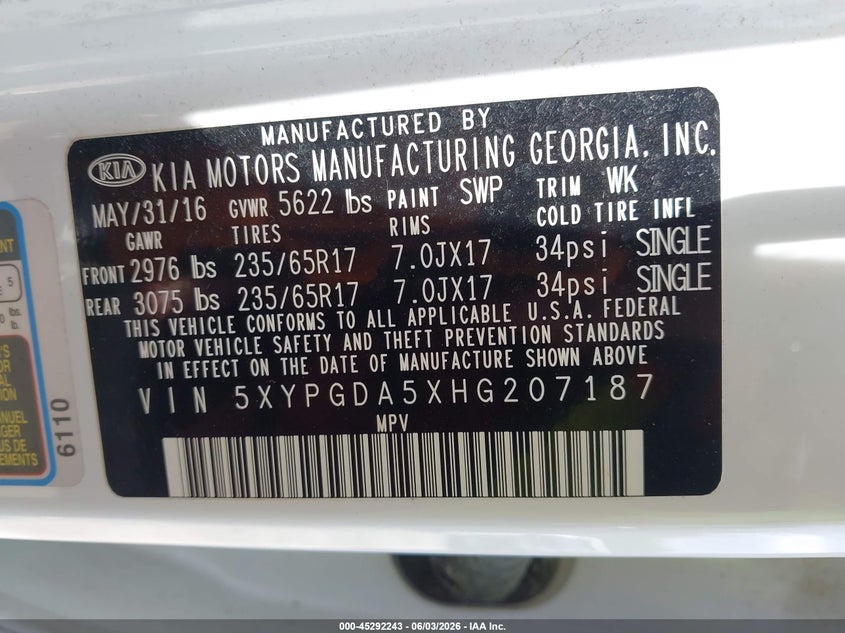 2017 Kia Sorento VIN 5XYPGDA5XHG207187 IAAI salvage auction — NORMAL WEAR, Clear (Kansas), sold $1,875 on 2026-07-08 (photo 9)