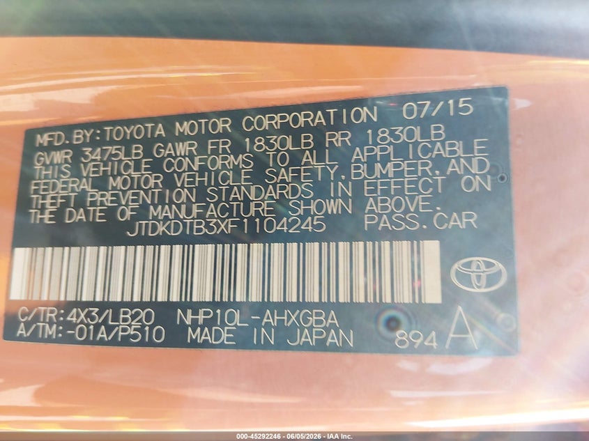 2015 Toyota Prius c VIN JTDKDTB3XF1104245 IAAI salvage auction — FRONT END, Salvage Title, sold $2,625 on 2026-07-28 (photo 9)