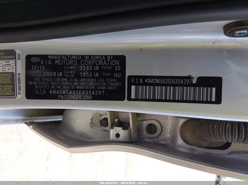 2014 Kia Rio VIN KNADM5A31E6354297 IAAI salvage auction — REAR END, Salvage Title, sold $725 on 2026-07-29 (photo 9)