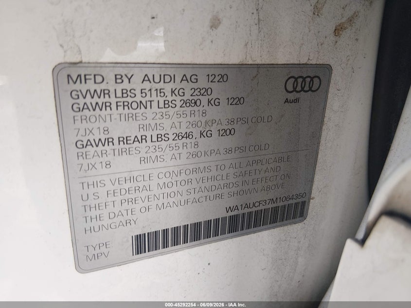 2021 Audi Q3 VIN WA1AUCF37M1064350 IAAI salvage auction — FRONT END, Salvage (South Carolina), sold $5,500 on 2026-07-29 (photo 9)