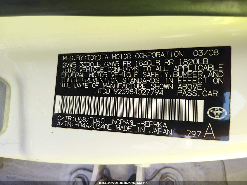 2008 Toyota Yaris VIN JTDBT923984027794 IAAI salvage auction — FRONT END, Clear (Tennessee), sold $300 on 2026-07-08 (photo 9)