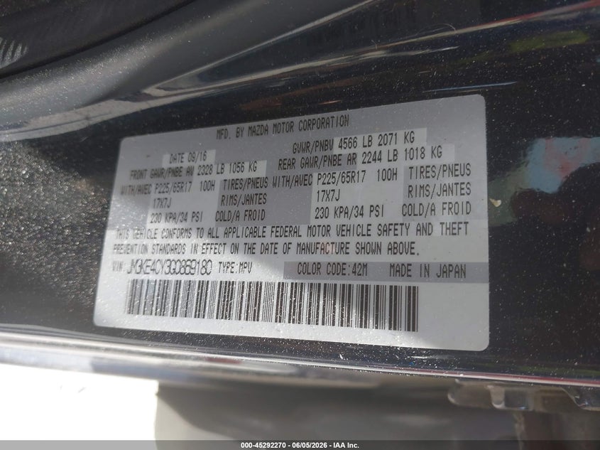 2016 Mazda Cx-5 VIN JM3KE4CY3G0869180 IAAI salvage auction — FRONT END, Salvage Title, sold $2,050 on 2026-07-21 (photo 9)