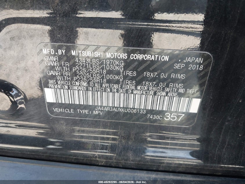 2019 Mitsubishi Outlander VIN JA4AR3AUXKU006133 IAAI salvage auction — FRONT END, Salvage Title, sold $2,850 on 2026-07-07 (photo 9)