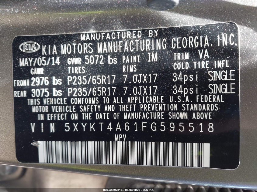 2015 Kia Sorento VIN 5XYKT4A61FG595518 IAAI salvage auction — NORMAL WEAR, Clear (New Jersey), sold $1,700 on 2026-07-09 (photo 9)