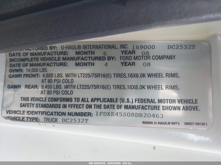 2008 Ford E-450 VIN 1FDXE45S08DB20463 IAAI salvage auction — UNKNOWN, Clear (Arizona), sold $25 on 2026-07-09 (photo 8)
