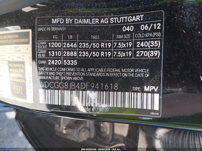 2013 Mercedes-benz Glk-klasse VIN WDCGG8JB4DF941618 IAAI salvage auction — FRONT END, Rebuildable (Florida), sold $2,850 on 2026-08-18 (photo 9)