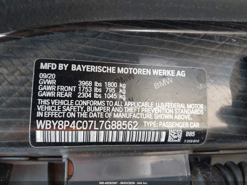 2020 BMW I3 VIN WBY8P4C07L7G88562 IAAI salvage auction — FRONT END, Salvage Title, sold $2,550 on 2026-07-28 (photo 9)