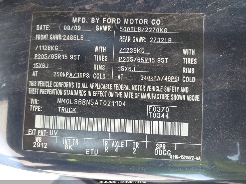 2010 Ford Transit VIN NM0LS6BN5AT021104 IAAI salvage auction — NORMAL WEAR, Clear (New York), sold $450 on 2026-07-16 (photo 9)