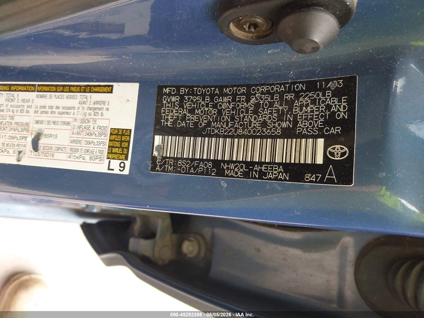 2004 Toyota Prius VIN JTDKB22U840023658 IAAI salvage auction — LEFT FRONT, Salvage (Texas), sold $250 on 2026-07-07 (photo 9)