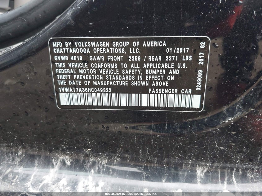 2017 Volkswagen Passat VIN 1VWAT7A36HC049322 IAAI salvage auction — FRONT END, Salvage Title, sold $1,350 on 2026-08-03 (photo 9)