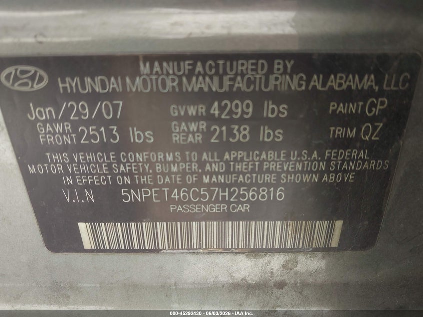 2007 Hyundai Sonata VIN 5NPET46C57H256816 IAAI salvage auction — REAR END, Rebuildable (Florida), sold $475 on 2026-07-16 (photo 9)