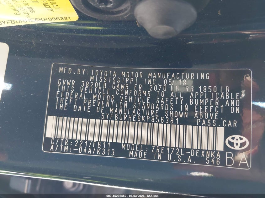2019 Toyota Corolla VIN 5YFBURHE6KP856381 IAAI salvage auction — FRONT END, Salvage Title, sold $1,750 on 2026-07-22 (photo 9)