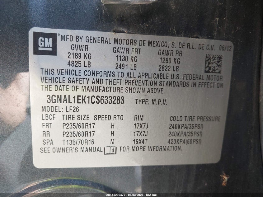 2012 Chevrolet Captiva sport VIN 3GNAL1EK1CS633283 IAAI salvage auction — NORMAL WEAR, Original (Ohio), sold $400 on 2026-07-09 (photo 9)