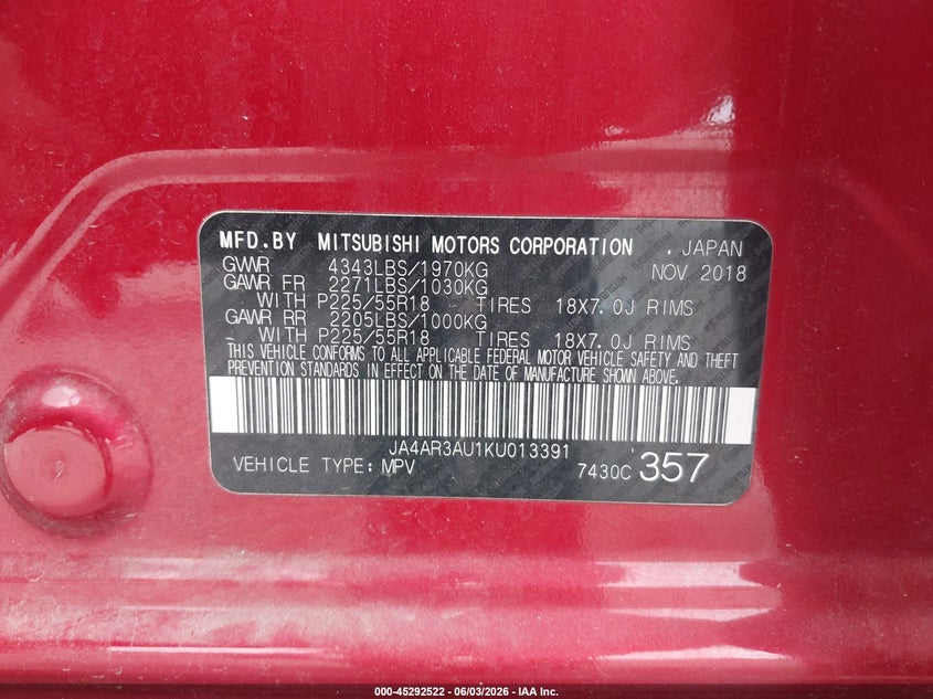 2019 Mitsubishi Outlander VIN JA4AR3AU1KU013391 IAAI salvage auction — FRONT END, Salvage Title, sold $1,750 on 2026-07-30 (photo 9)