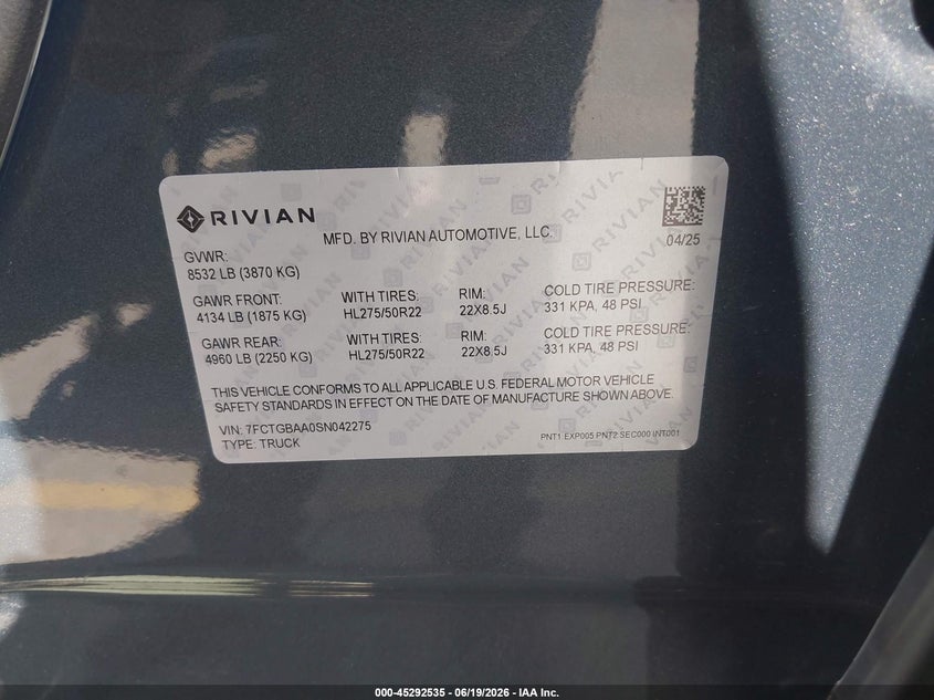 2025 Rivian R1t VIN 7FCTGBAA0SN042275 IAAI salvage auction — REAR END, Salvage (California), sold $41,000 on 2026-08-03 (photo 9)