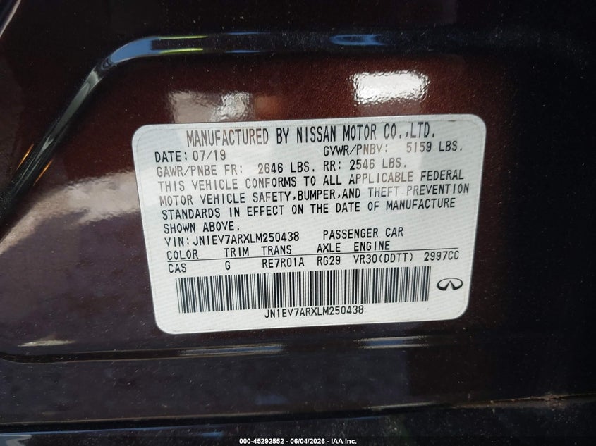 2020 Infiniti Q50 VIN JN1EV7ARXLM250438 IAAI salvage auction — LEFT SIDE, Salvage (Georgia), sold $9,450 on 2026-07-15 (photo 9)