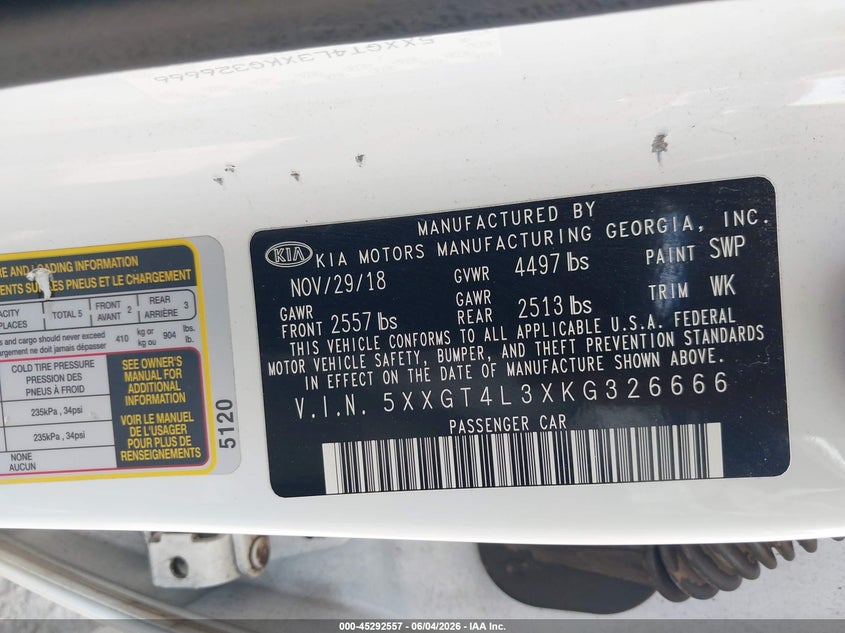 2019 Kia Optima VIN 5XXGT4L3XKG326666 IAAI salvage auction — RIGHT FRONT, Clear (Oklahoma), sold $1,150 on 2026-07-22 (photo 9)