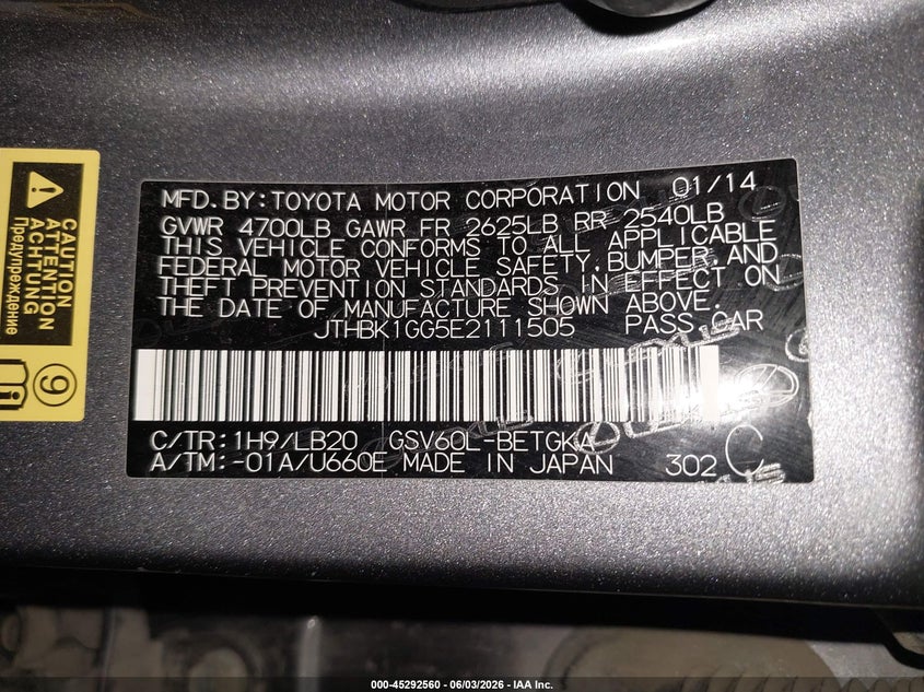 2014 Lexus ES VIN JTHBK1GG5E2111505 IAAI salvage auction — FRONT END, Salvage (Minnesota), sold $3,300 on 2026-07-28 (photo 9)