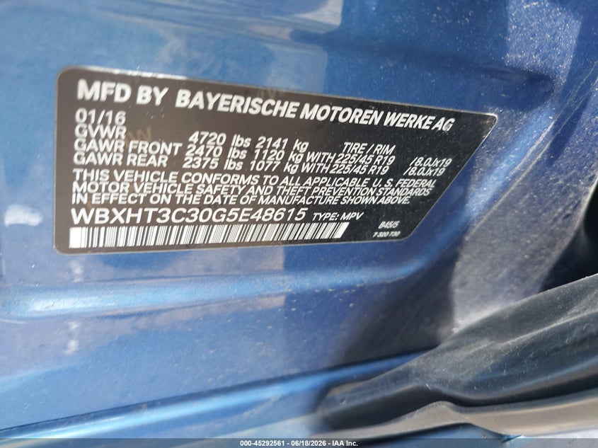 2016 BMW X1 VIN WBXHT3C30G5E48615 IAAI salvage auction — FRONT END, Salvage Title, sold $325 on 2026-07-28 (photo 9)