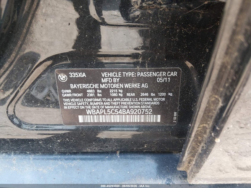 2011 BMW 3 series VIN WBAPL5C54BA920752 IAAI salvage auction — FRONT END, Salvage (Massachusetts), sold $400 on 2026-07-28 (photo 9)