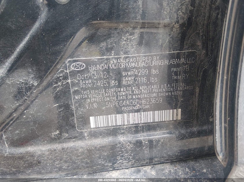 2013 Hyundai Sonata VIN 5NPEC4AC6DH623659 IAAI salvage auction — NORMAL WEAR, Salvage Title, sold $300 on 2026-07-14 (photo 9)
