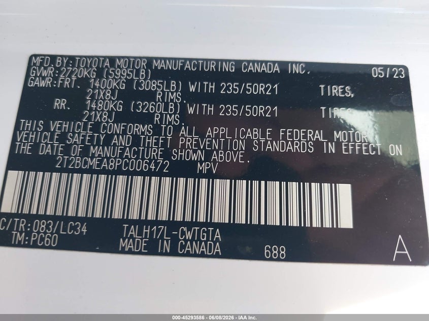 2023 Lexus Rx VIN 2T2BCMEA8PC006472 IAAI salvage auction — FRONT & REAR, Salvage Title, sold $16,100 on 2026-07-30 (photo 9)