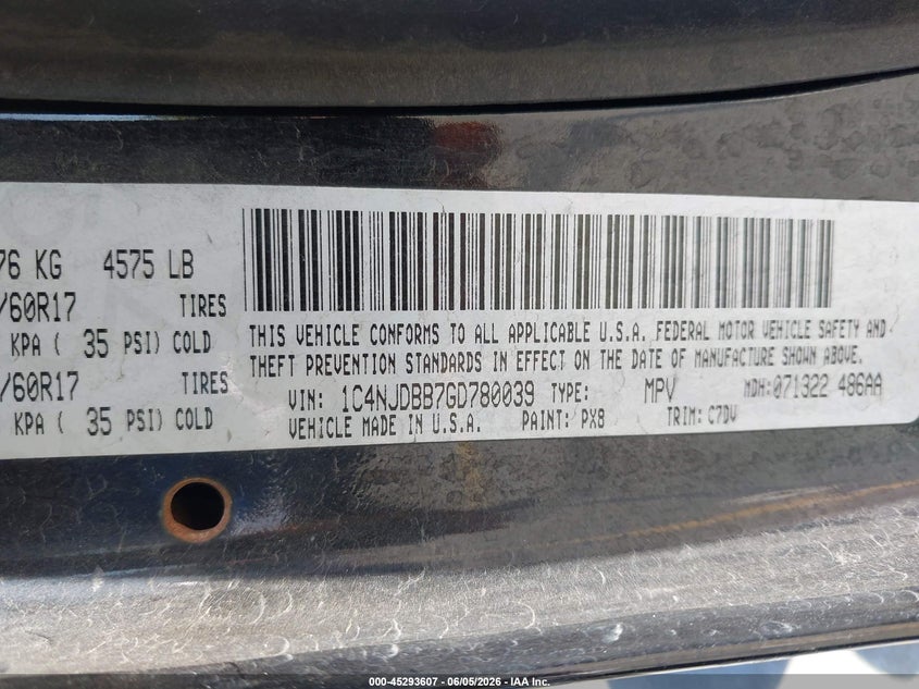 2016 Jeep Compass VIN 1C4NJDBB7GD780039 IAAI salvage auction — SIDE, Salvage Title, sold $1,400 on 2026-07-05 (photo 9)