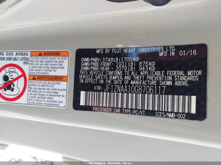 2016 Scion Fr-s VIN JF1ZNAA10G8706117 IAAI salvage auction — REAR END, Salvage Title, sold $250 on 2026-07-09 (photo 9)