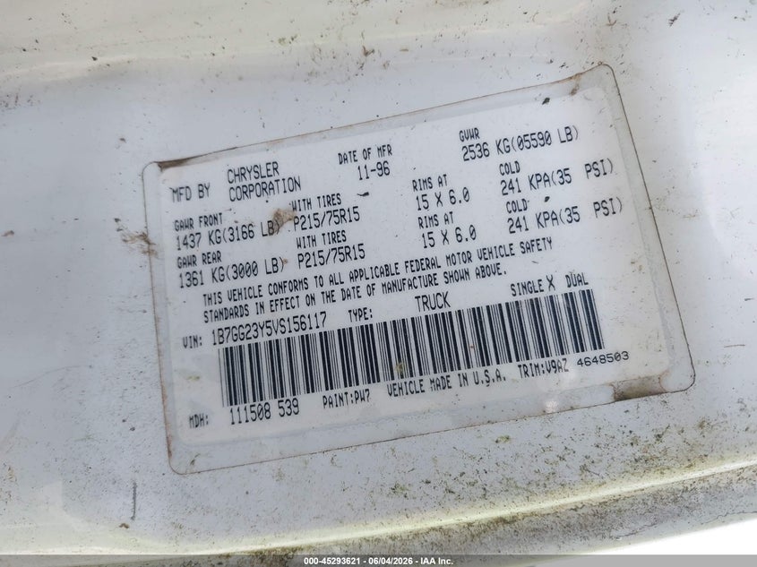 1997 Dodge Dakota VIN 1B7GG23Y5VS156117 IAAI salvage auction — NORMAL WEAR, Clear (Washington), sold $450 on 2026-07-08 (photo 9)