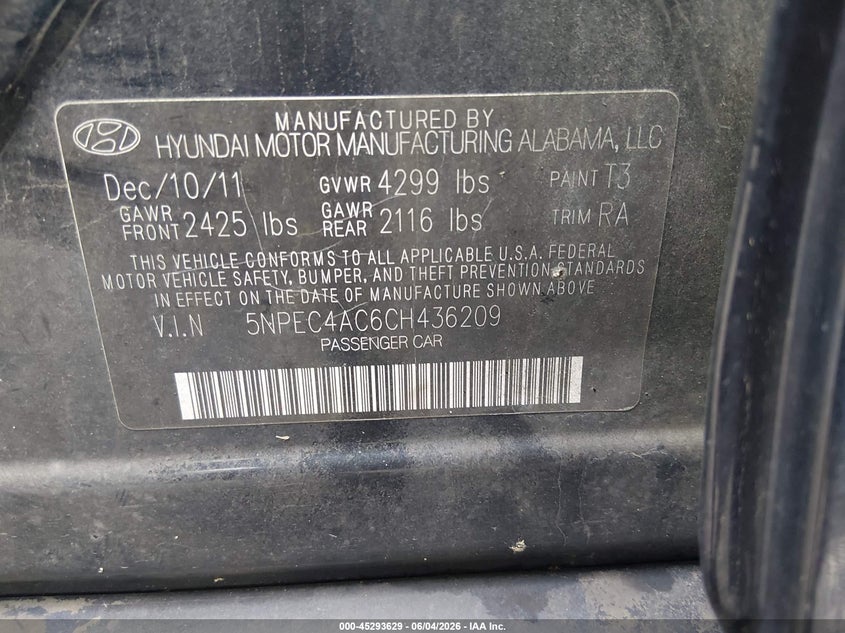 2012 Hyundai Sonata VIN 5NPEC4AC6CH436209 IAAI salvage auction — RIGHT SIDE, Salvage Title, sold $550 on 2026-07-08 (photo 9)