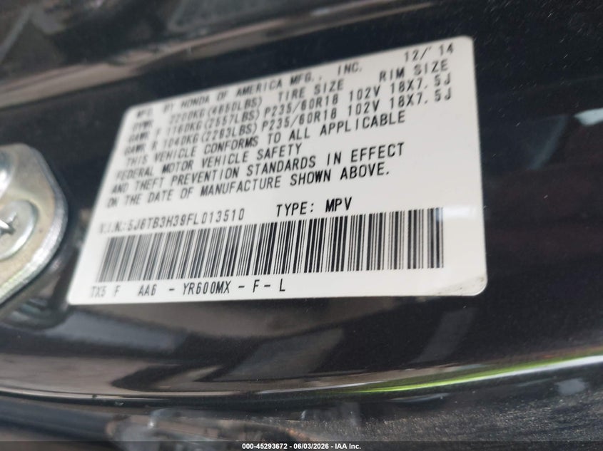 2015 Acura Rdx VIN 5J8TB3H39FL013510 IAAI salvage auction — NORMAL WEAR, Original (Texas), sold $900 on 2026-07-09 (photo 9)