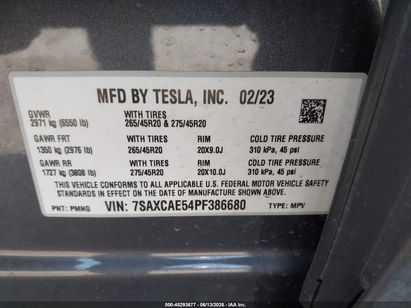 2023 Tesla Model x VIN 7SAXCAE54PF386680 IAAI salvage auction — LEFT FRONT, Original (Texas), sold $30,500 on 2026-08-20 (photo 9)
