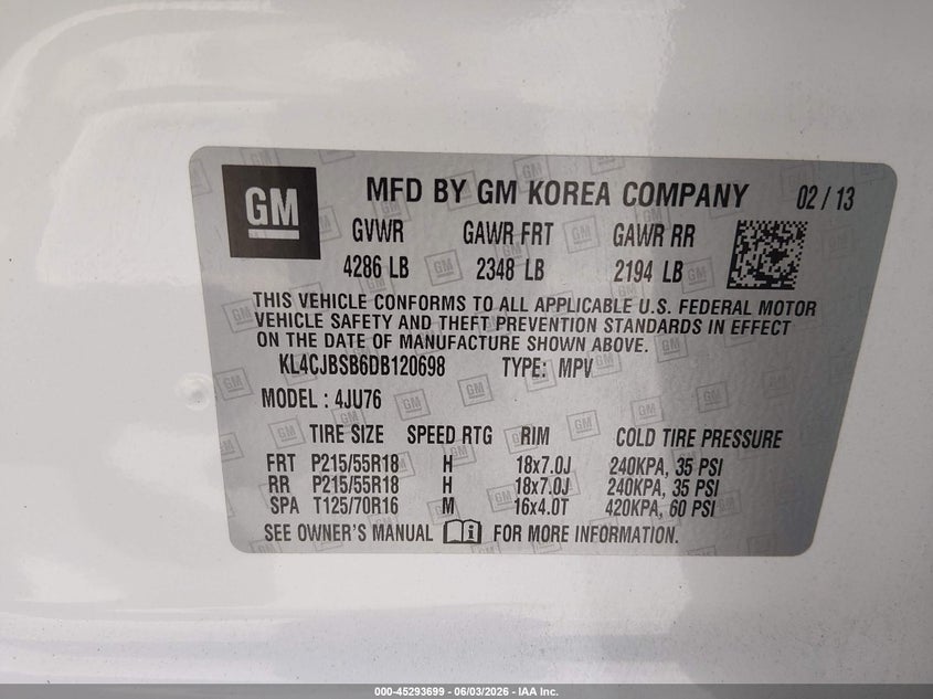 2013 Buick Encore VIN KL4CJBSB6DB120698 IAAI salvage auction — FRONT & REAR, Salvage Title, sold $475 on 2026-07-06 (photo 9)