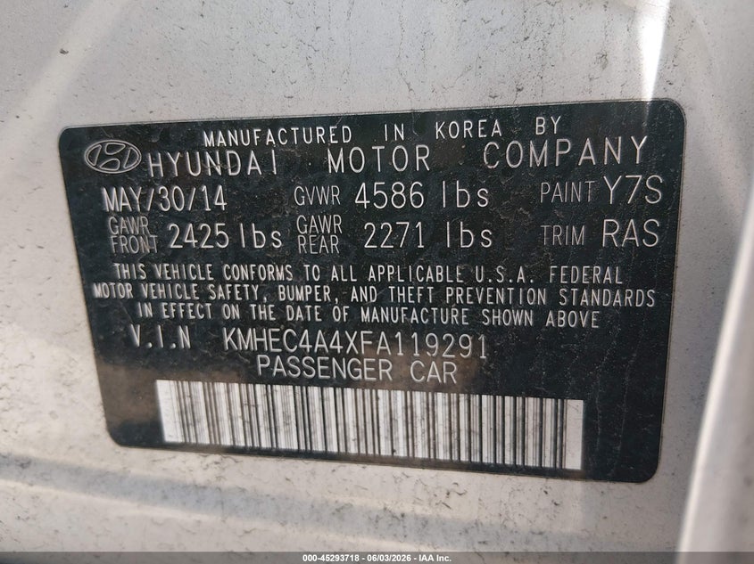 2015 Hyundai Sonata VIN KMHEC4A4XFA119291 IAAI salvage auction — NORMAL WEAR, Clear (Florida), sold $550 on 2026-07-15 (photo 9)