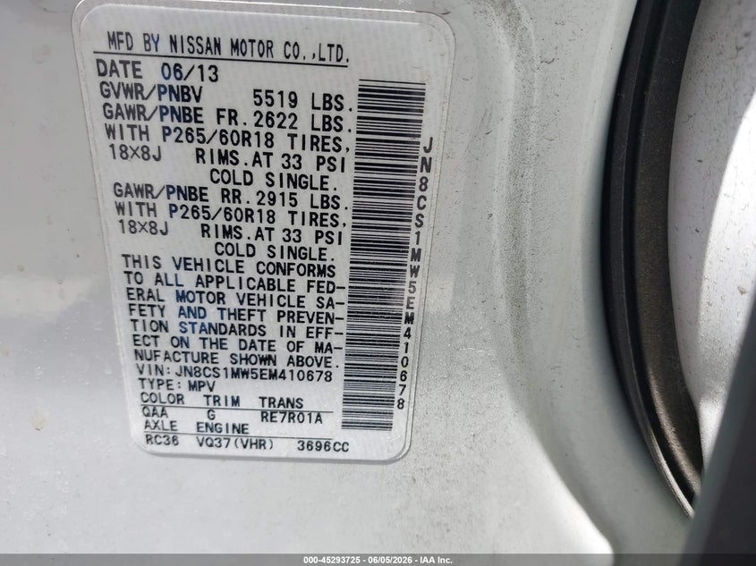 2014 Infiniti Qx70 VIN JN8CS1MW5EM410678 IAAI salvage auction — RIGHT FRONT, Salvage Title, sold $975 on 2026-07-21 (photo 9)