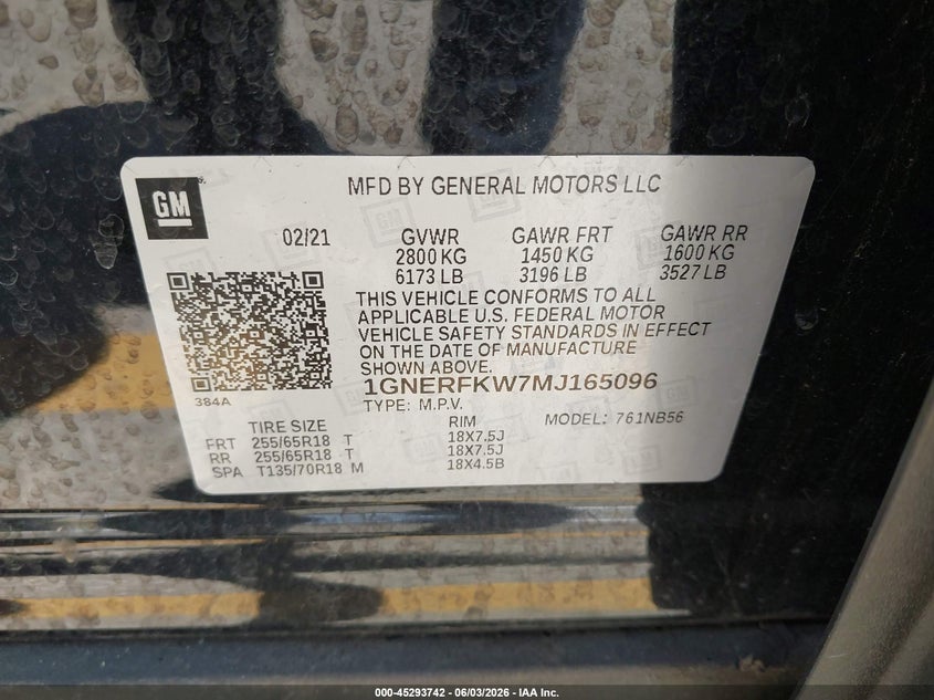 2021 Chevrolet Traverse VIN 1GNERFKW7MJ165096 IAAI salvage auction — FRONT END, Salvage Title, sold $3,400 on 2026-07-25 (photo 9)