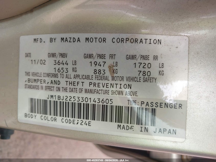 2003 Mazda Protege VIN JM1BJ225330143605 IAAI salvage auction — NORMAL WEAR, Clear (Hawaii), sold $25 on 2026-07-21 (photo 9)