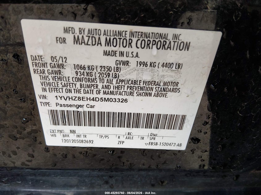 2013 Mazda 6 VIN 1YVHZ8EH4D5M03326 IAAI salvage auction — RIGHT FRONT, Salvage Title, sold $800 on 2026-07-24 (photo 9)