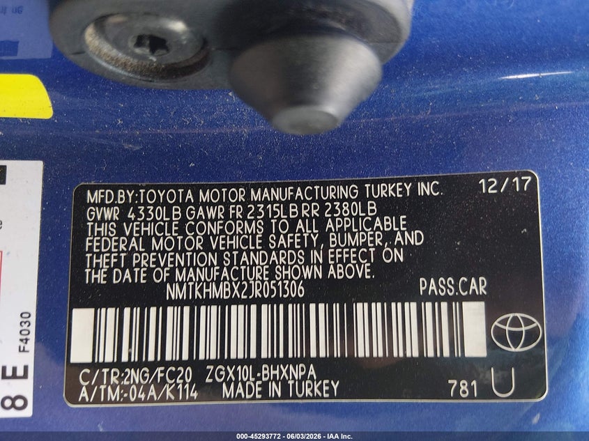 2018 Toyota C-hr VIN NMTKHMBX2JR051306 IAAI salvage auction — FRONT END, Salvage Title, sold $3,625 on 2026-07-17 (photo 9)