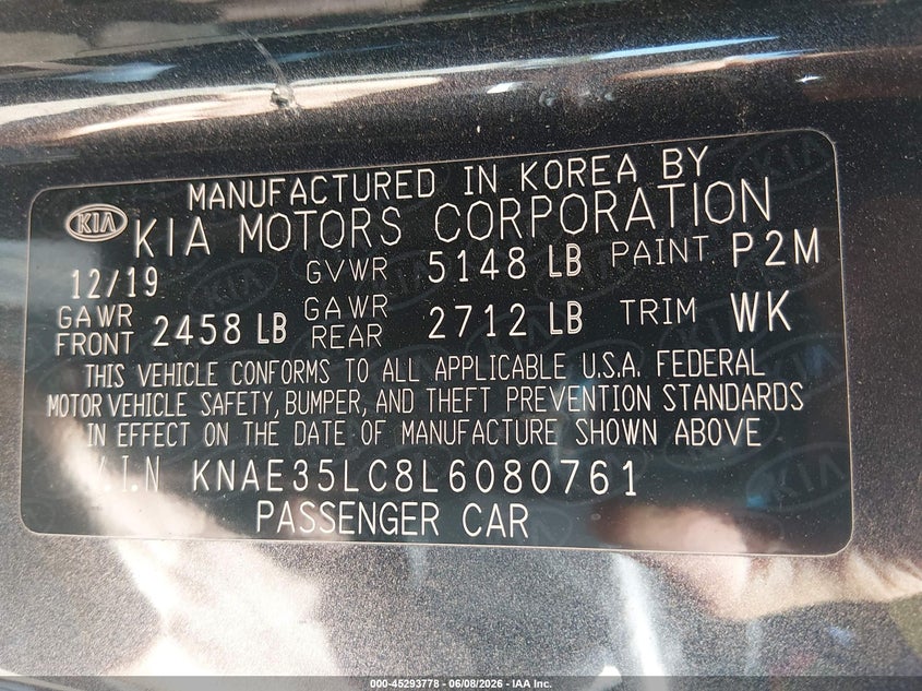 2020 Kia Stinger VIN KNAE35LC8L6080761 IAAI salvage auction — FRONT END, Salvage (Montana), sold $4,950 on 2026-07-31 (photo 9)