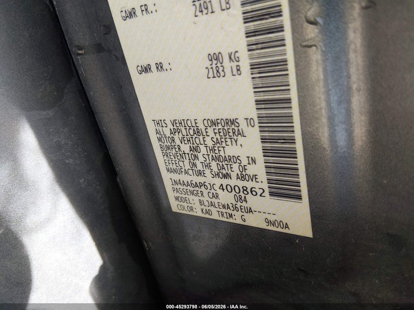 2018 Nissan Maxima VIN 1N4AA6AP6JC400862 IAAI salvage auction — HAIL, Salvage Title, sold $5,600 on 2026-07-24 (photo 9)
